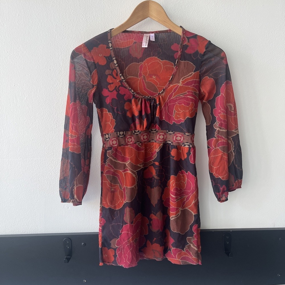 Sweet Pea By Stacy Frati Y2K Long Sleeve Top: Blouse. Red. Floral. Small Shirt